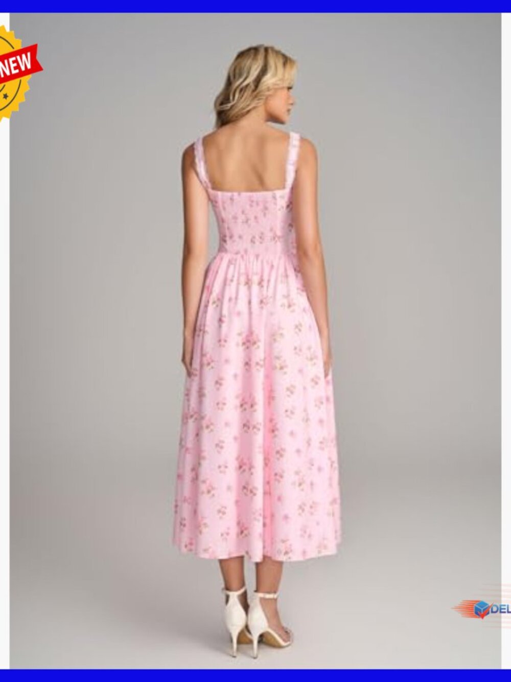 Summer Corset Midi Dress Floral Lace Smocked Flowy A-Line with Pockets - Picture 3 of 7